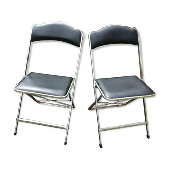 Pair of folding vintage chairs in chromed steel in black Skaï.