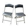 Pair of folding vintage chairs in chromed steel in black Skaï.