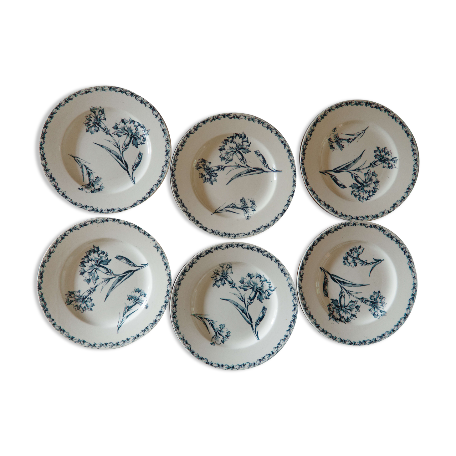 Lot 6 old iron earth dessert plates K&G Lunéville model carnations