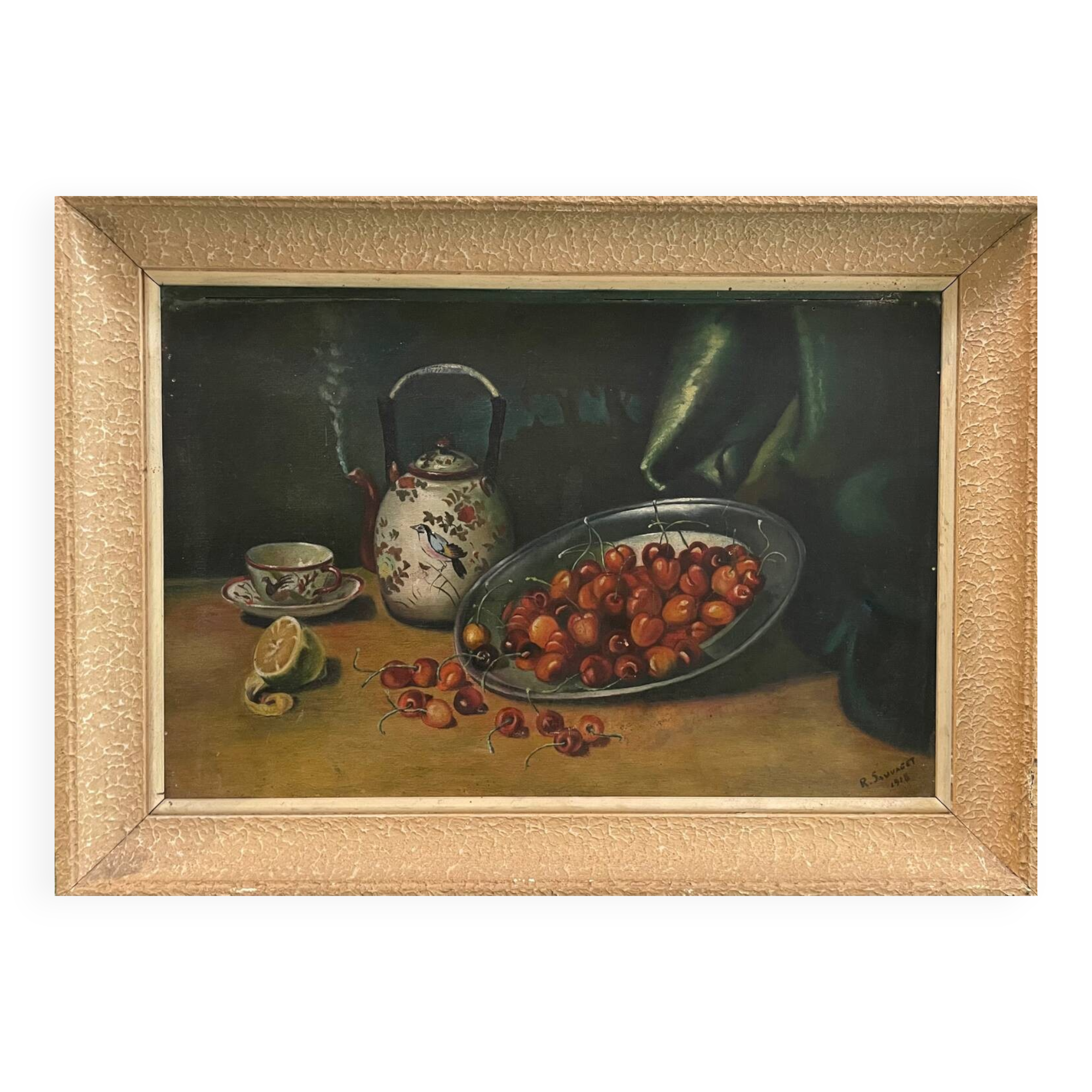Still life painting with cherries and tea 1928