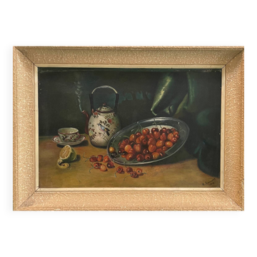 Tableau nature mort aux cerises et au thé 1928