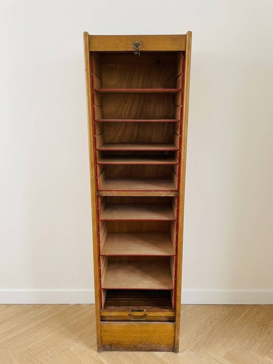 Antique oak filing cabinet with curtains