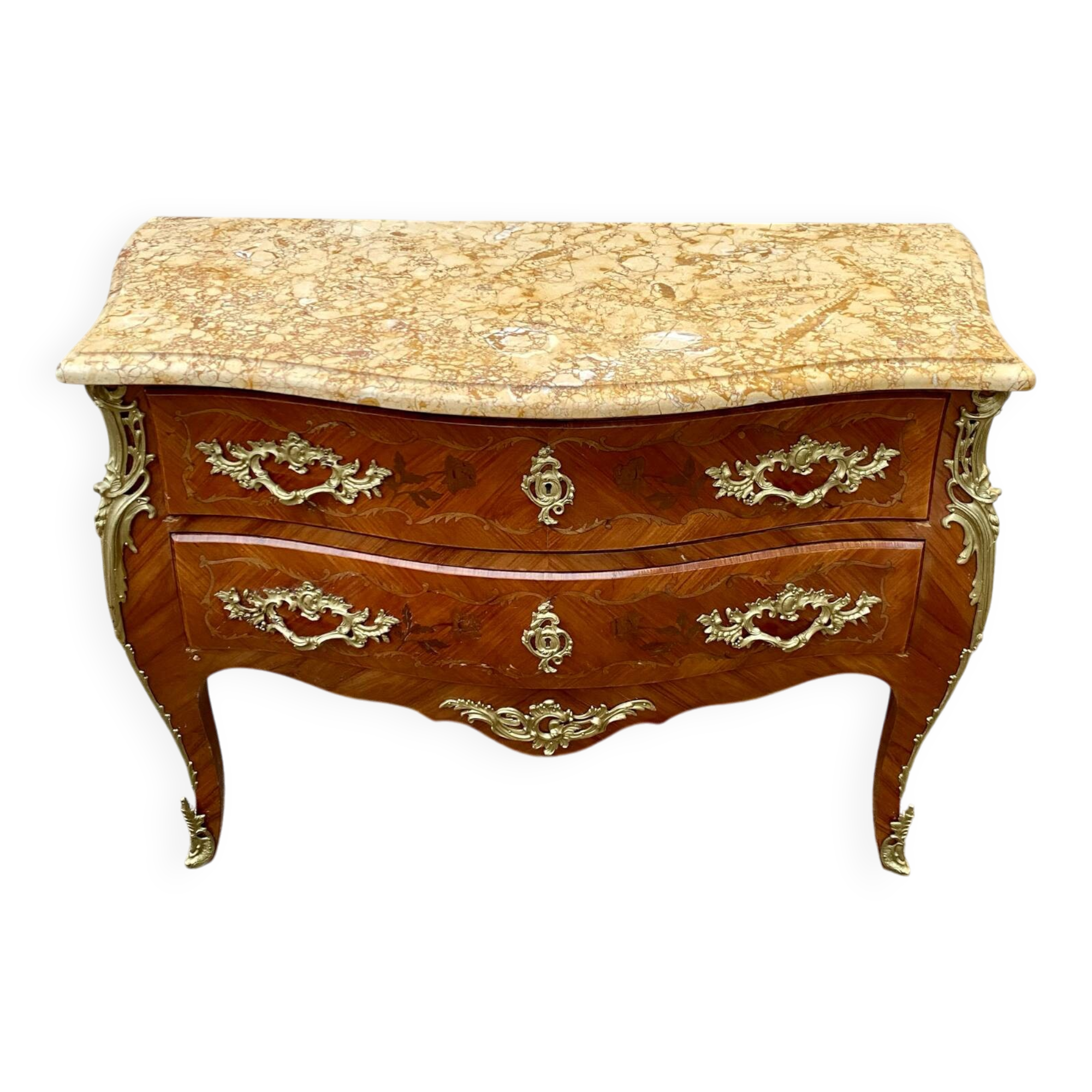Commode Louis XV marqueterie bois de rose à 3 tiroirs
