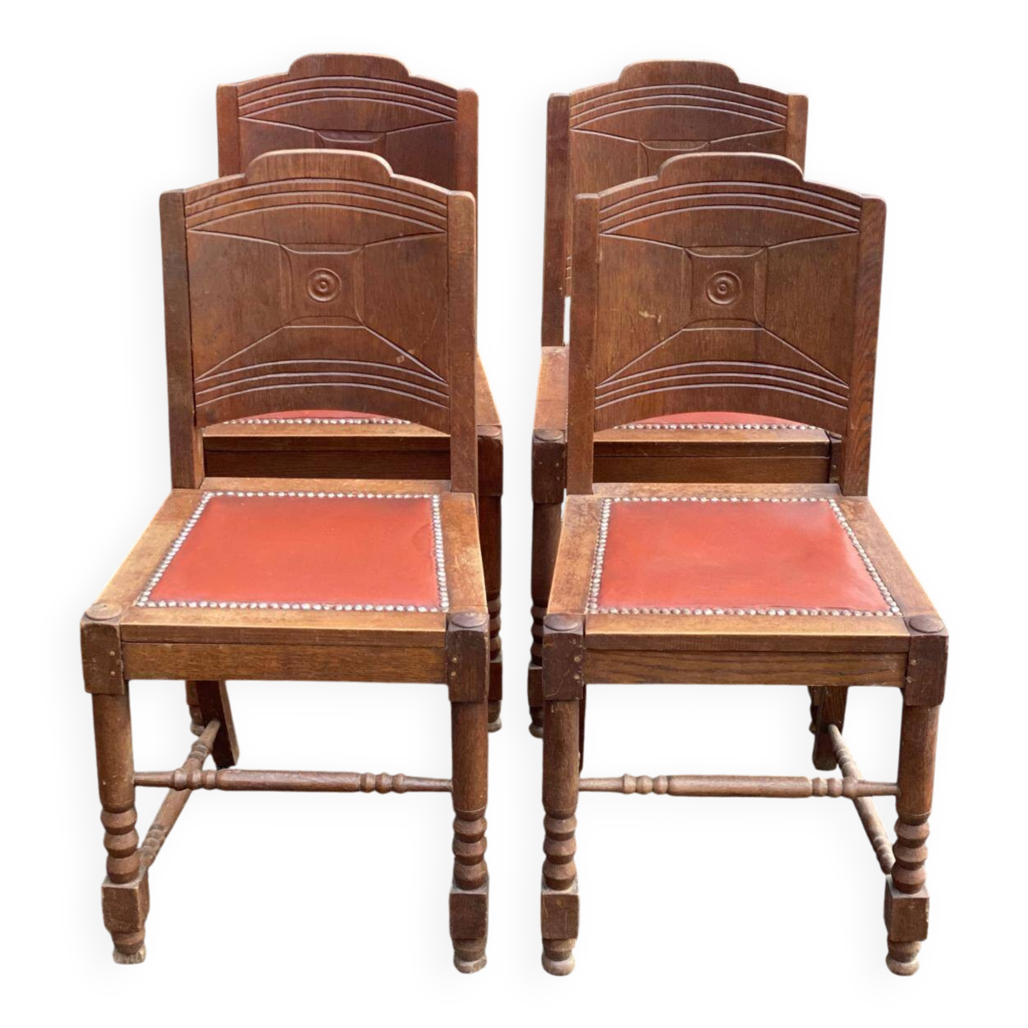 4 Art Deco gondola chairs in solid oak with burgundy faux leather, 1930s.