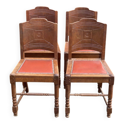 4 chaises gondoles art déco en bois massif chêne cuir skaï bordeaux 1930
