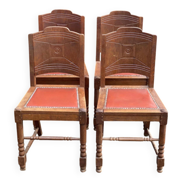 4 chaises gondoles art déco en bois massif chêne cuir skaï bordeaux 1930