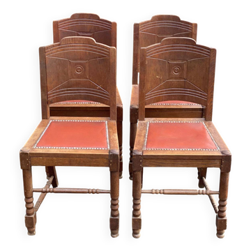 4 chaises gondoles art déco en bois massif chêne cuir skaï bordeaux 1930