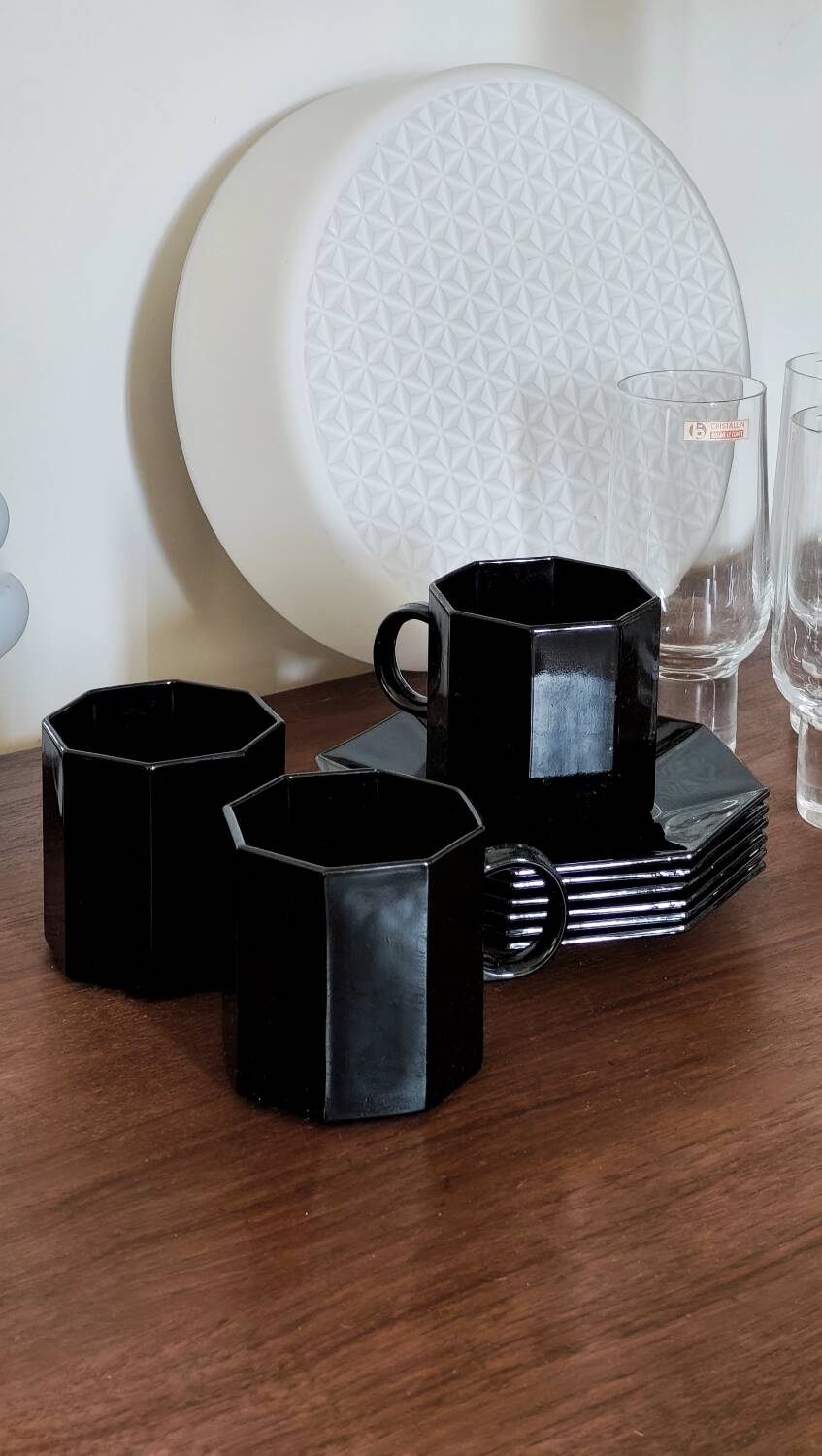 Arcoroc black octagonal coffee set