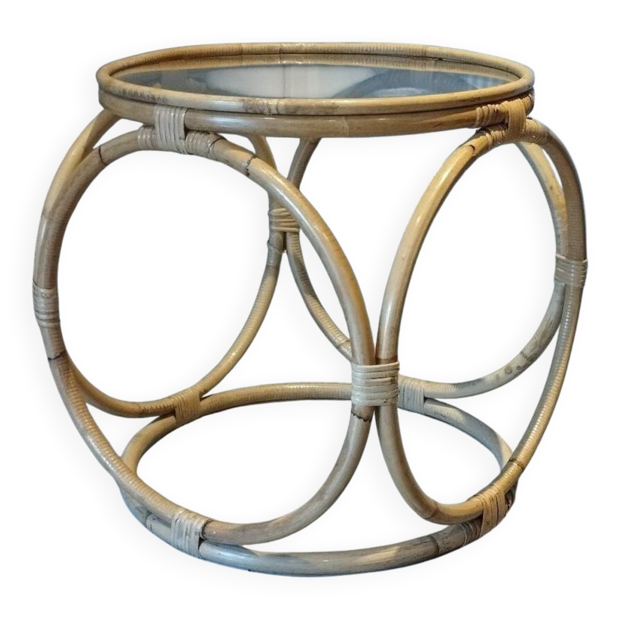 Table basse en rotin, bambou et verre, Design Space Age Vintage