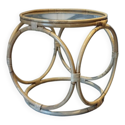 Table basse en rotin, bambou et verre, Design Space Age Vintage