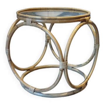 Table basse en rotin, bambou et verre, Design Space Age Vintage