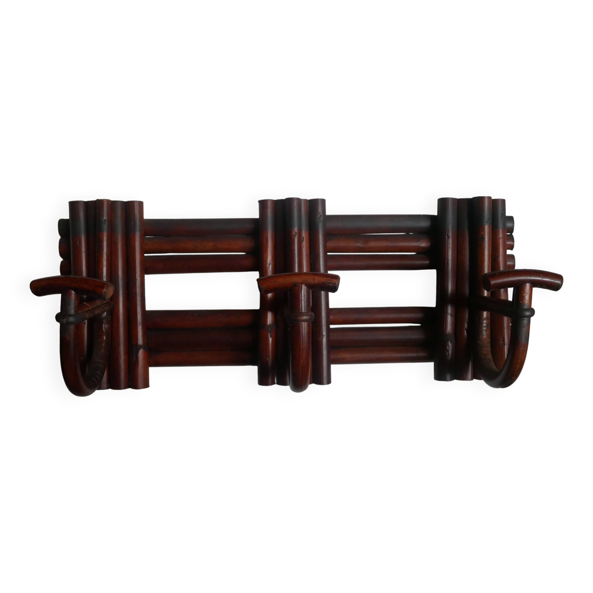 Vintage rattan handcrafted coat rack with three hooks, country decor