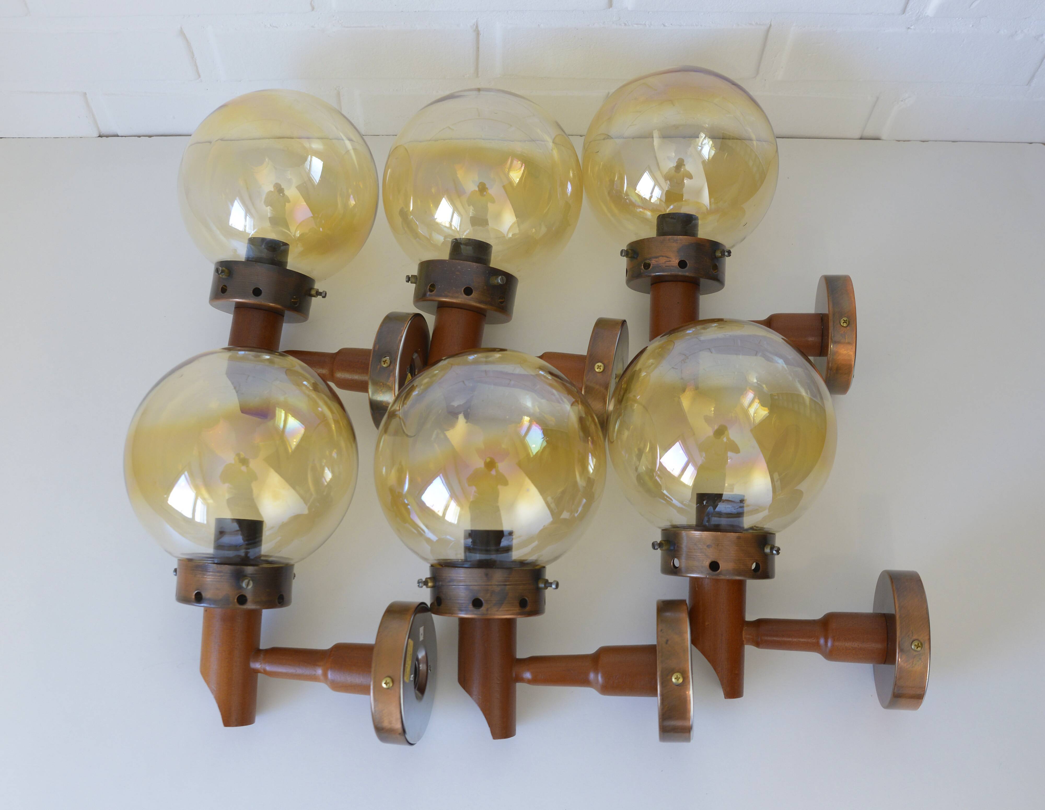 1 of 6 vintage wall lamps, rustic sconces, wood and copper amber glass 1980