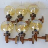 1 of 6 vintage wall lamps, rustic sconces, wood and copper amber glass 1980