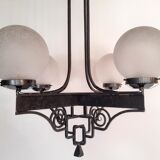 Chandelier 1930 art deco wrought iron and balls glass granite