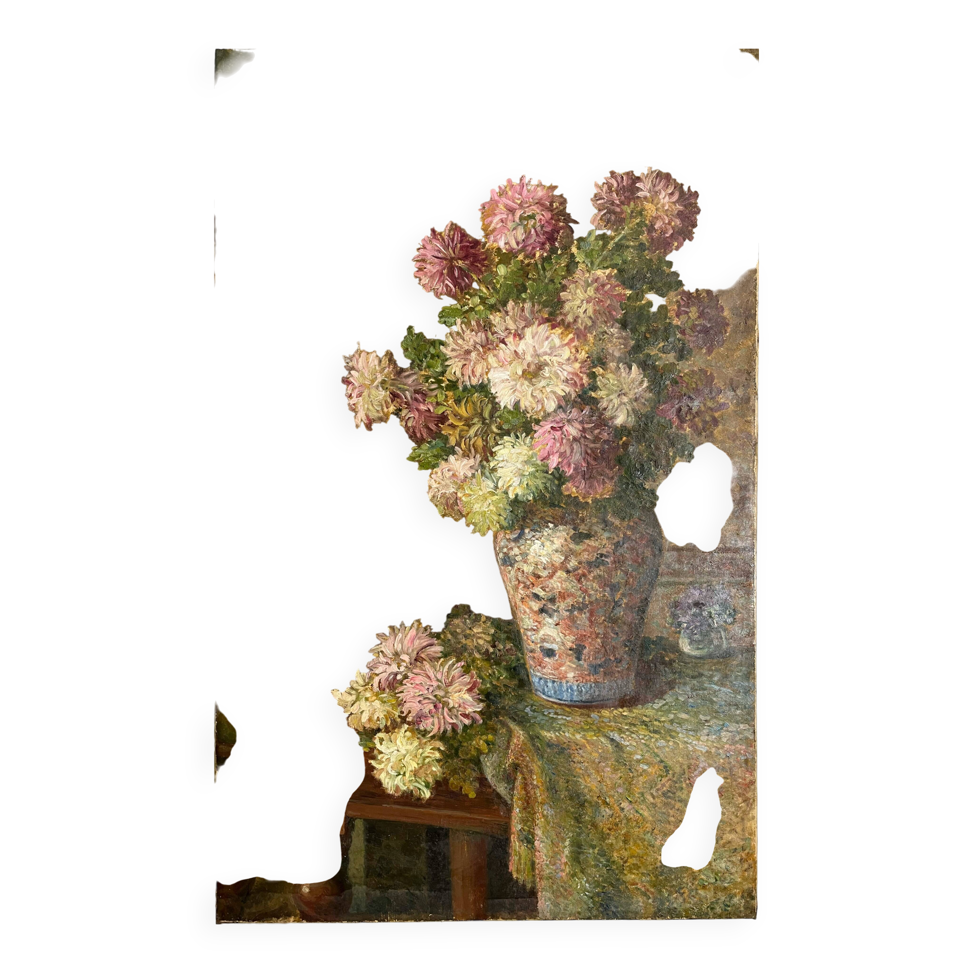 Large antique painting of lilacs in an interior – oil on canvas from the 19th century.