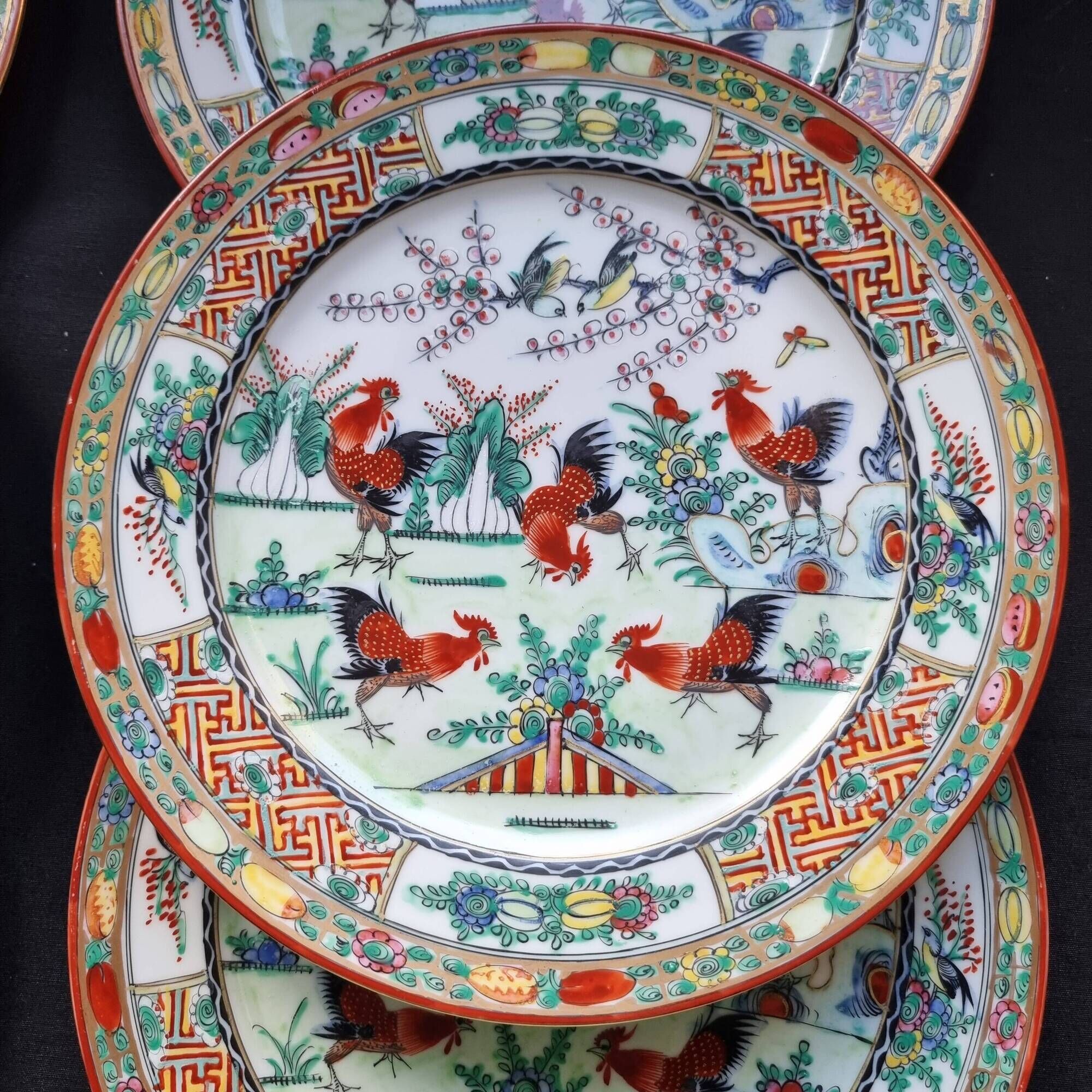 Set of 6 vintage Chinese porcelain plates from Macau (1970) hand painted