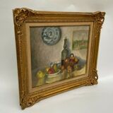 J poisat oil on canvas still life with fruits composition stucco frame