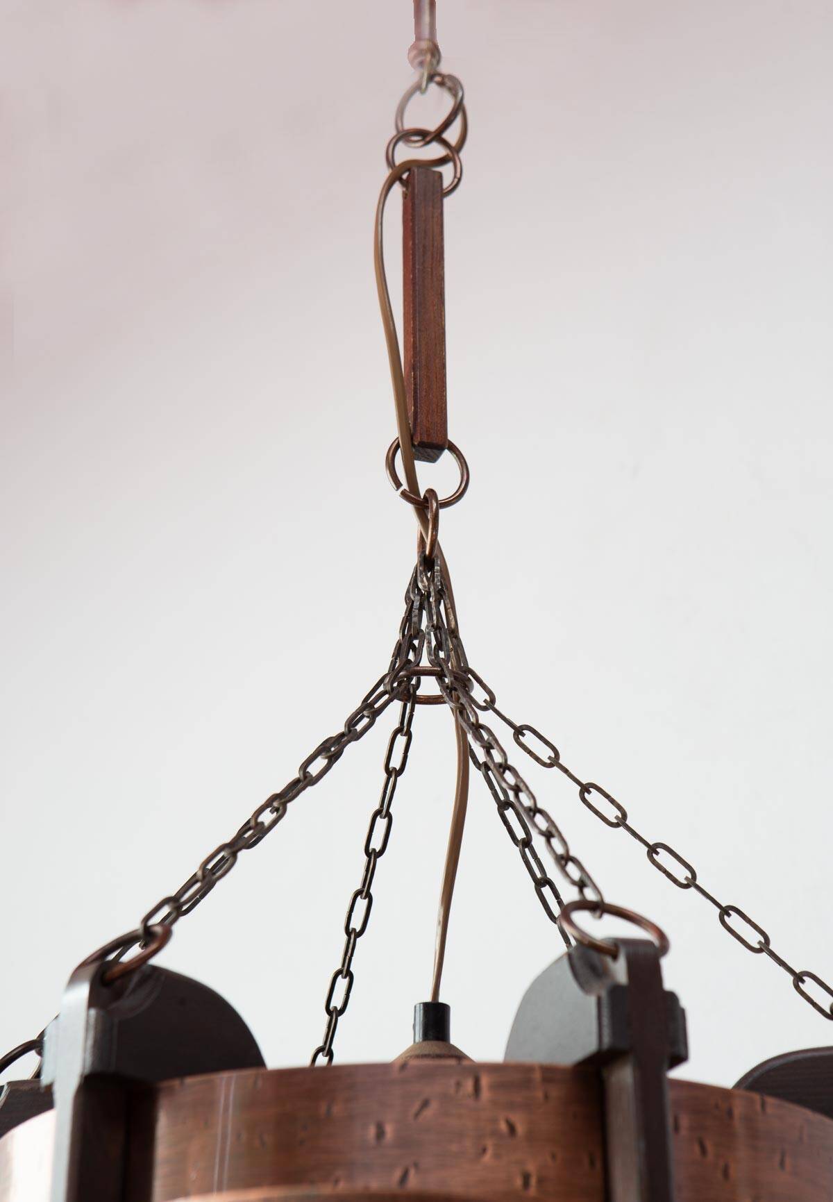 Large Scandinavian copper and wood pendant lamp circa 1970