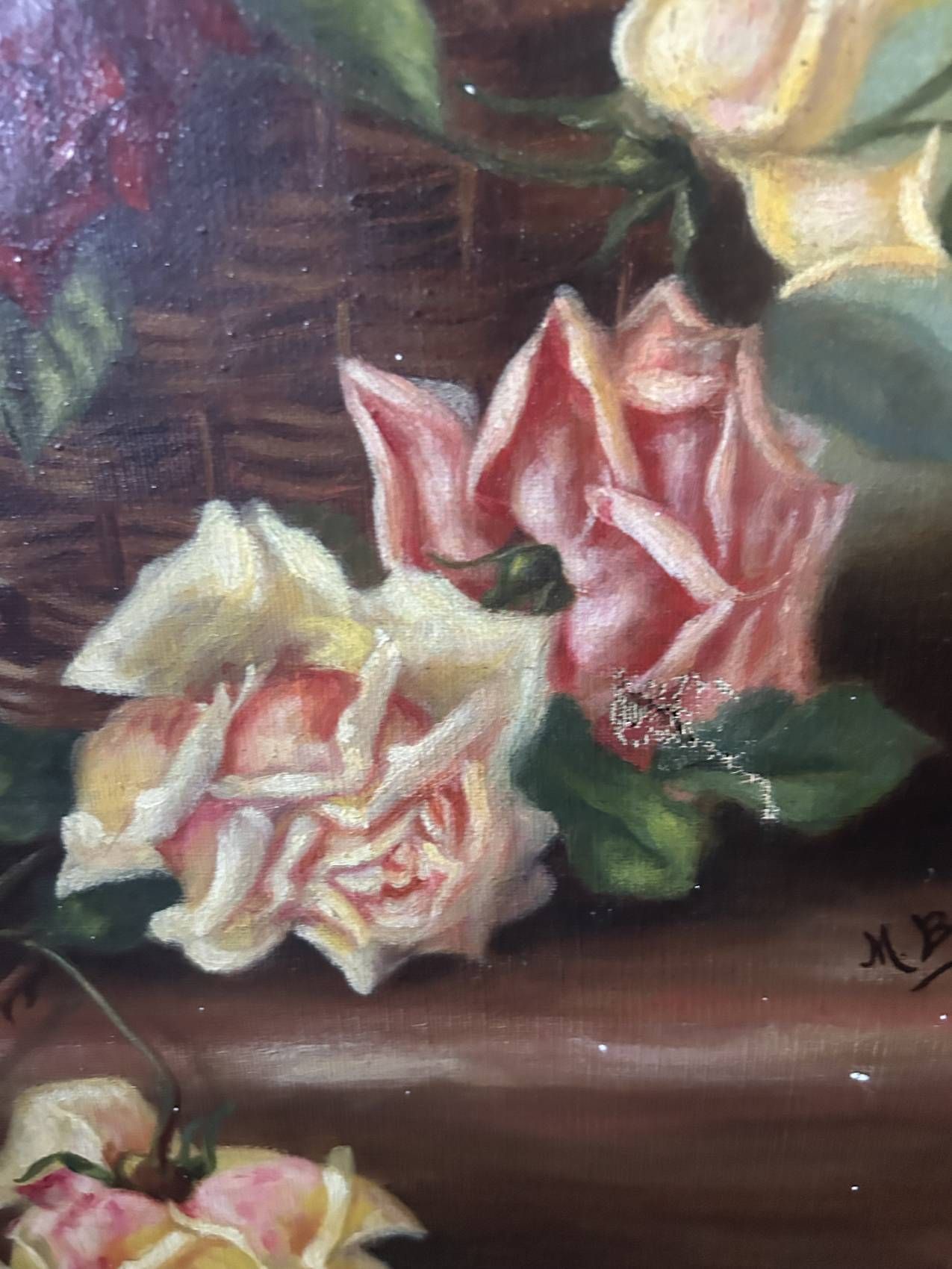 Large antique painting with roses – Oil on canvas from the 1900s – 40 x 102 cm – a large decorative format