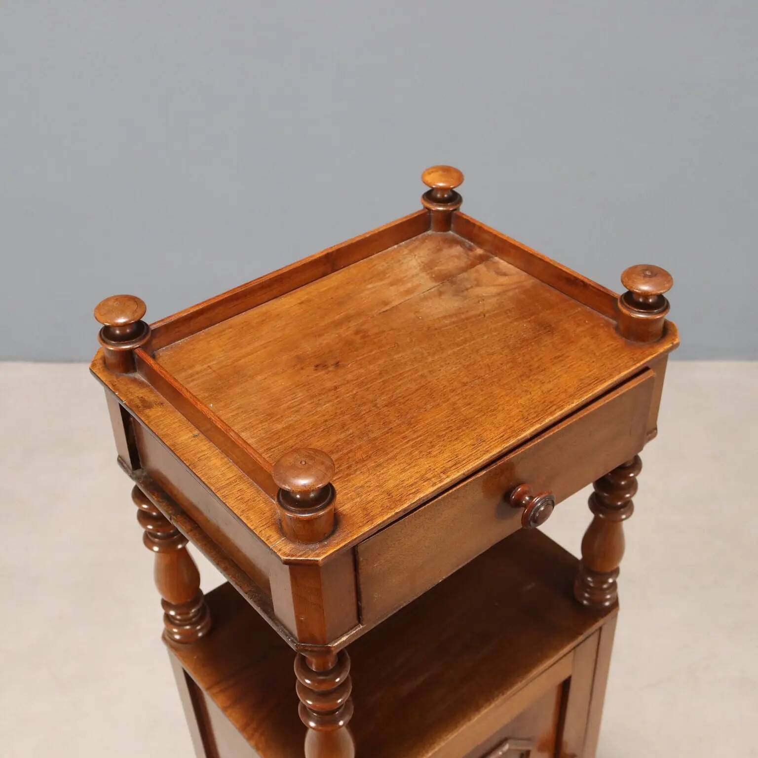 Antique walnut bedside table with drawer, Italy, 19th century.