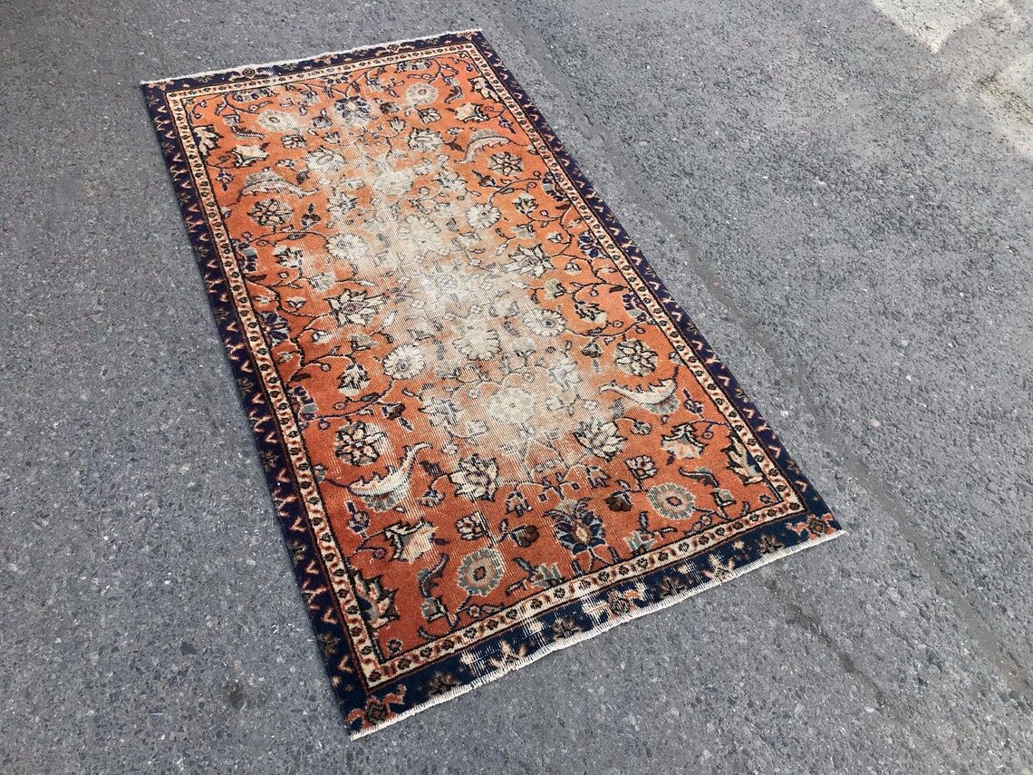 Orange and Blue Handmade Oushak Rug with Flowers