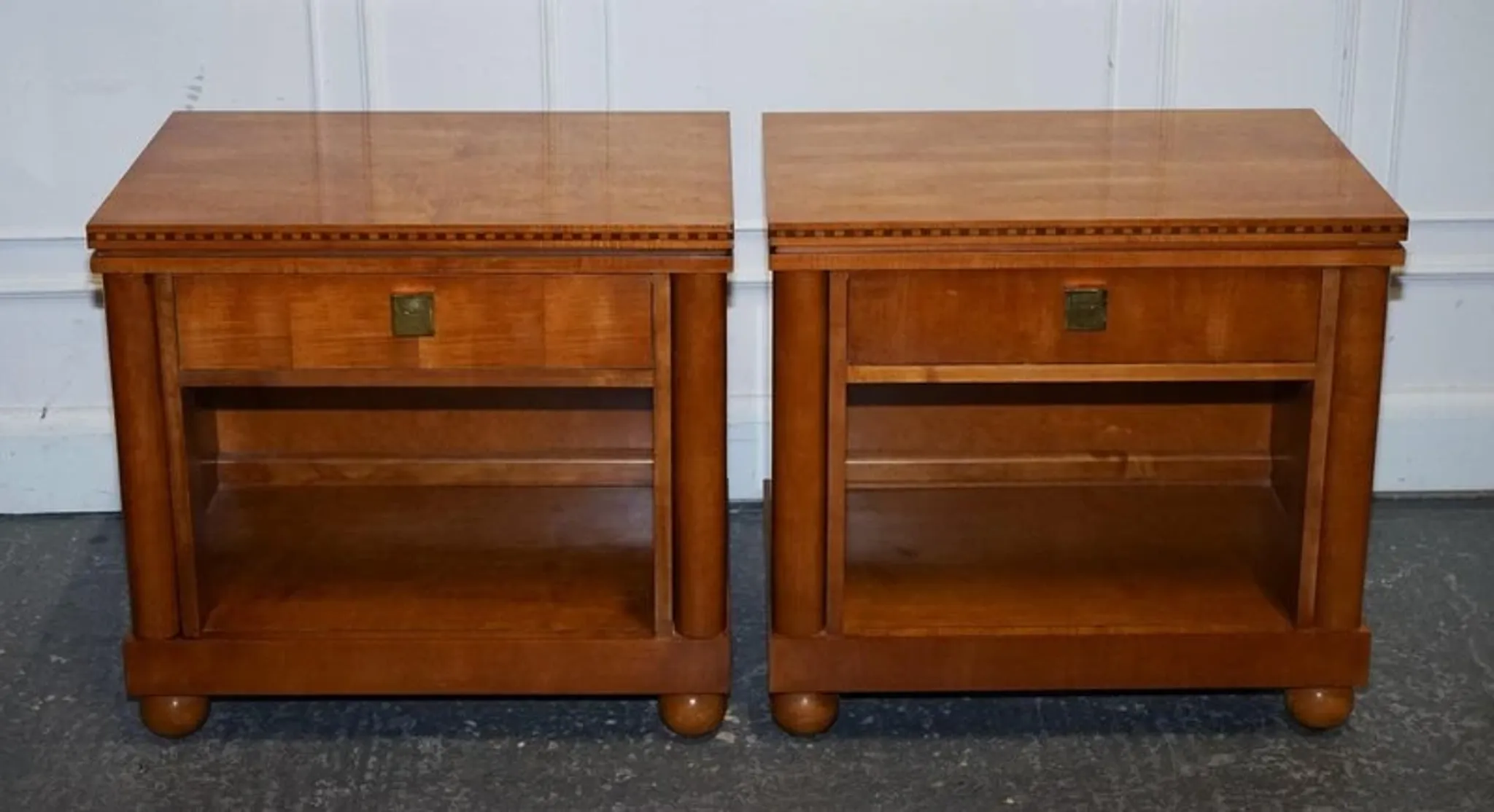 White Genesis Biedermeier Style Bedside Tables by American Hickory, Set of 2