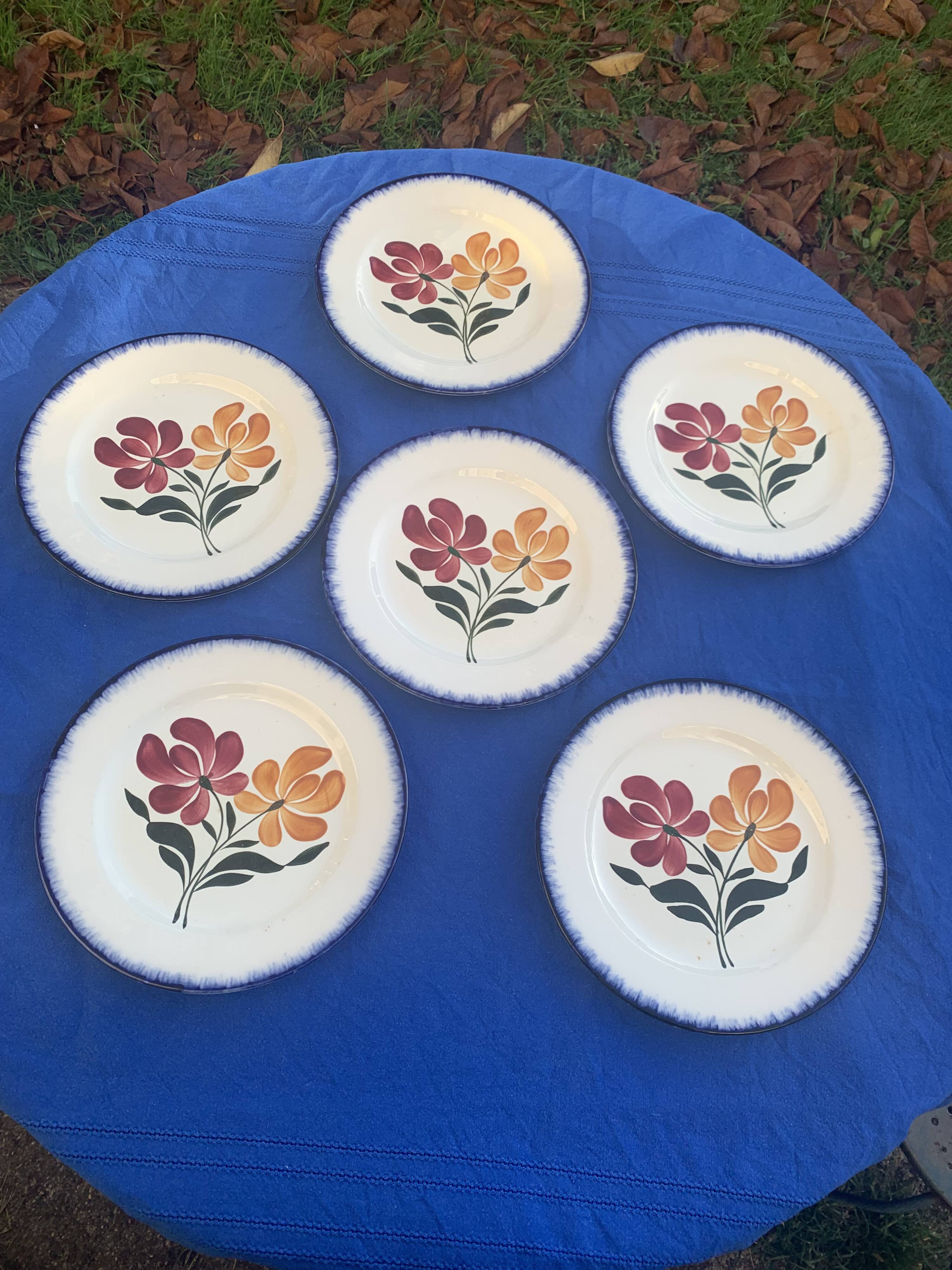 6 flat plates E. Charbonnier, Salins, Terre de Fer, countryside model, made in France, vintage