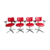 Quatre chaises de barbier en cuir rouge des années 1960 avec accoudoirs bakelite