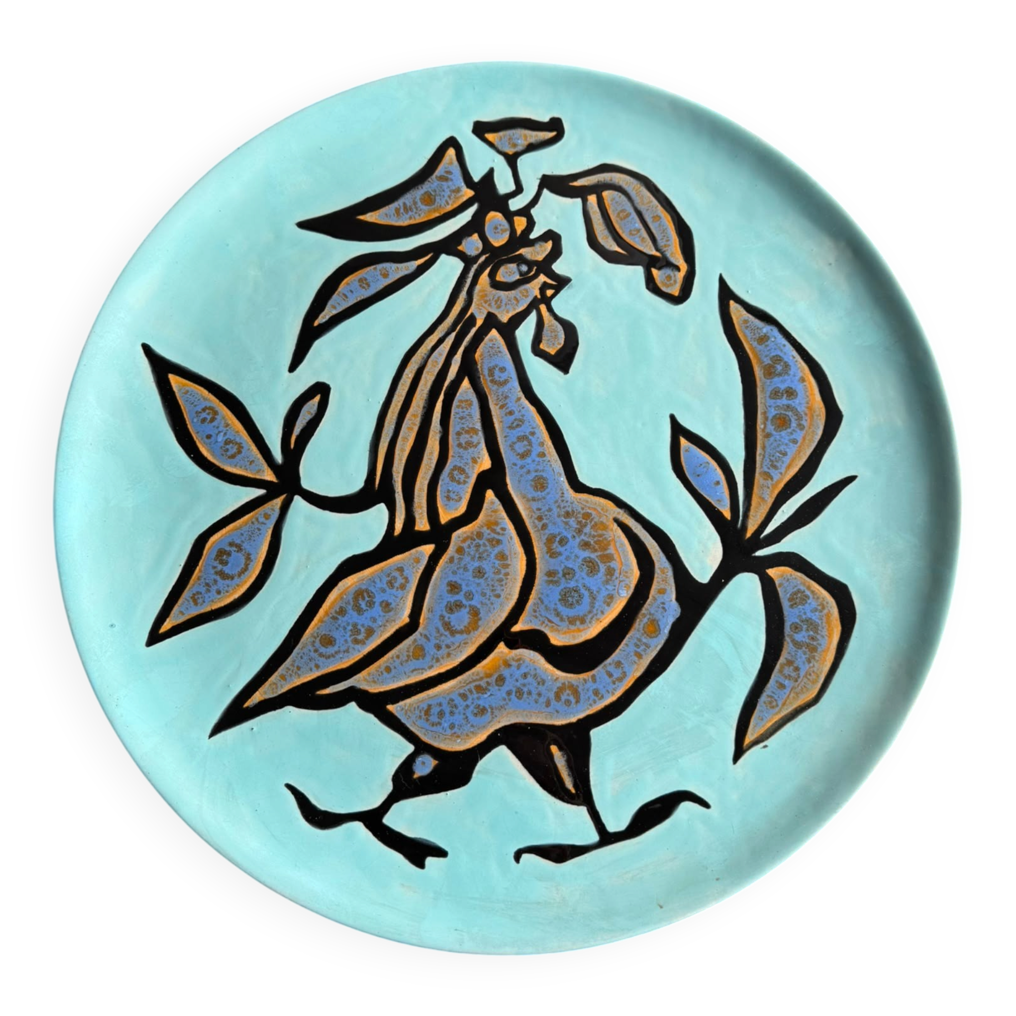 Display plate by Jean Lurçat in blue glazed ceramic