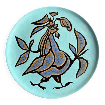 Display plate by Jean Lurçat in blue glazed ceramic