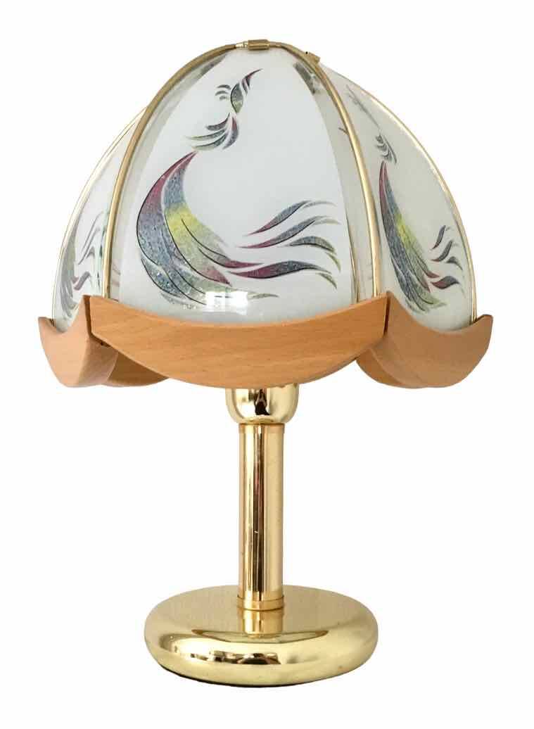 Lampe en verre, bois et métal doré