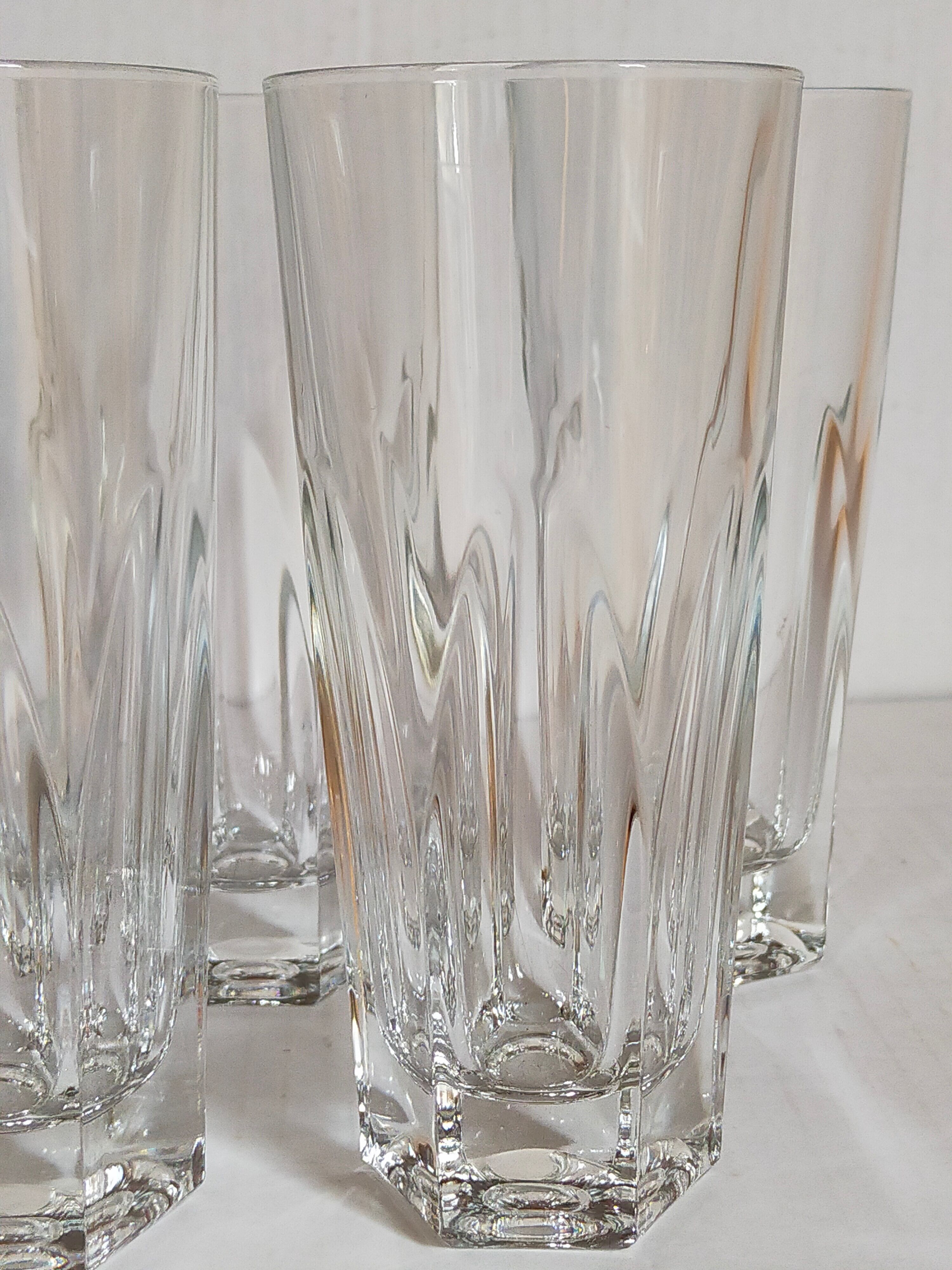 Six Art-Deco long drink glasses in crystal with cut sides