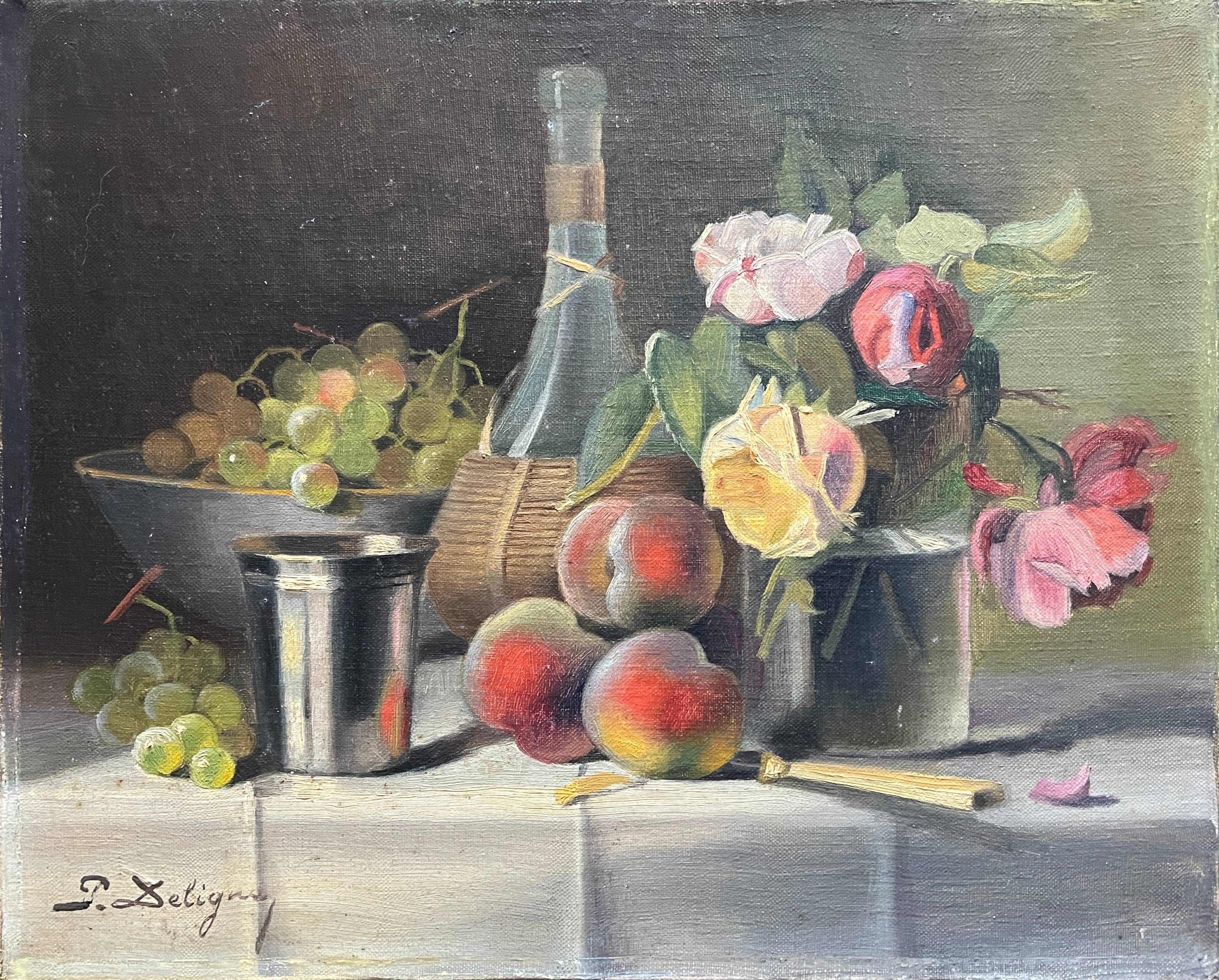 HST painting "Still life with peaches and roses" Paul Edouard Deligny (1864-