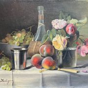 Table HST "Still Life with Peaches and Roses" Paul Edouard Deligny (1864-