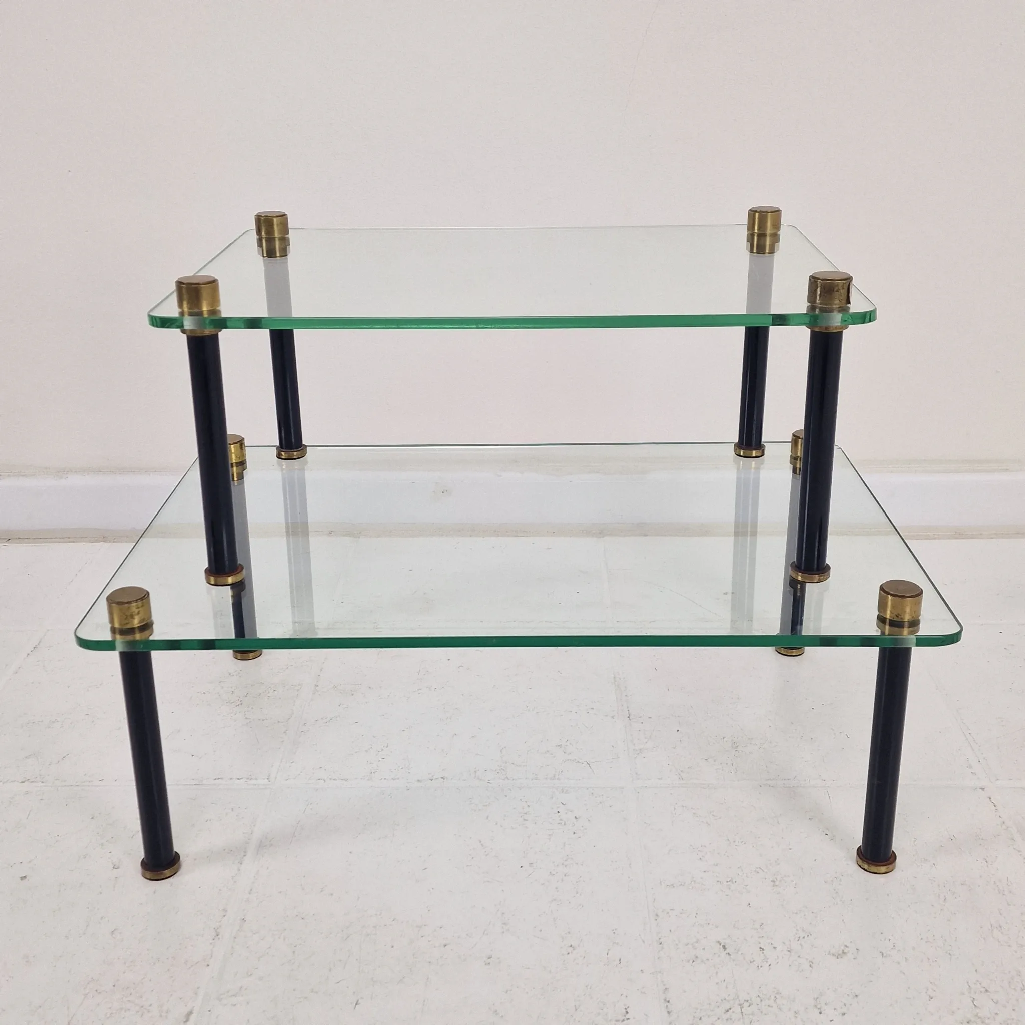 French Modernist Glass and Brass Display Tables with 'P. Andrieux', 1930's
