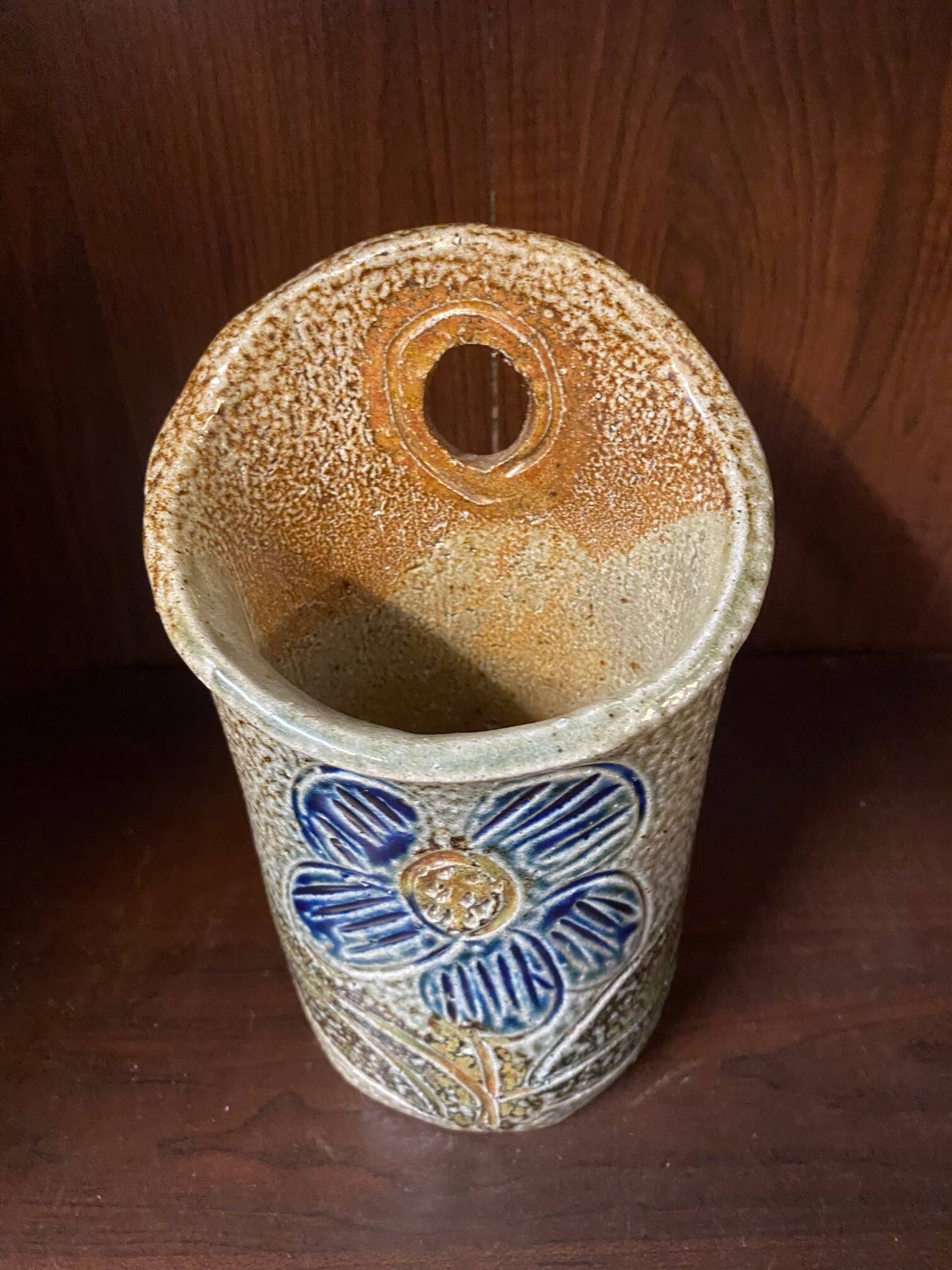 Salt stoneware vase signed jean claude monange blue flower place or hang