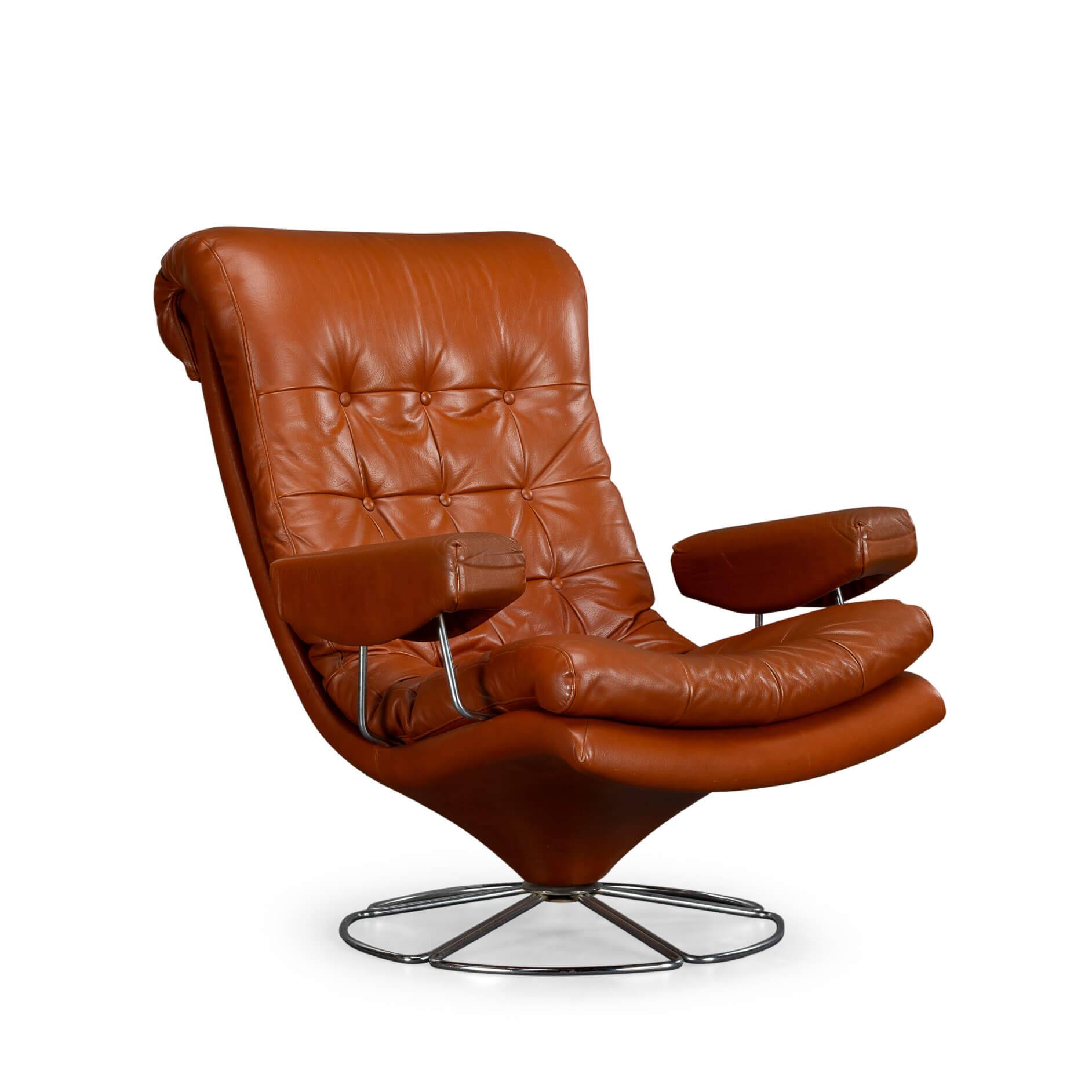 Cognac Leather Swivel chair, 1960s