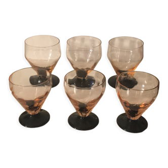 Water glasses in blown crystal, transparent pink and black feet 30s