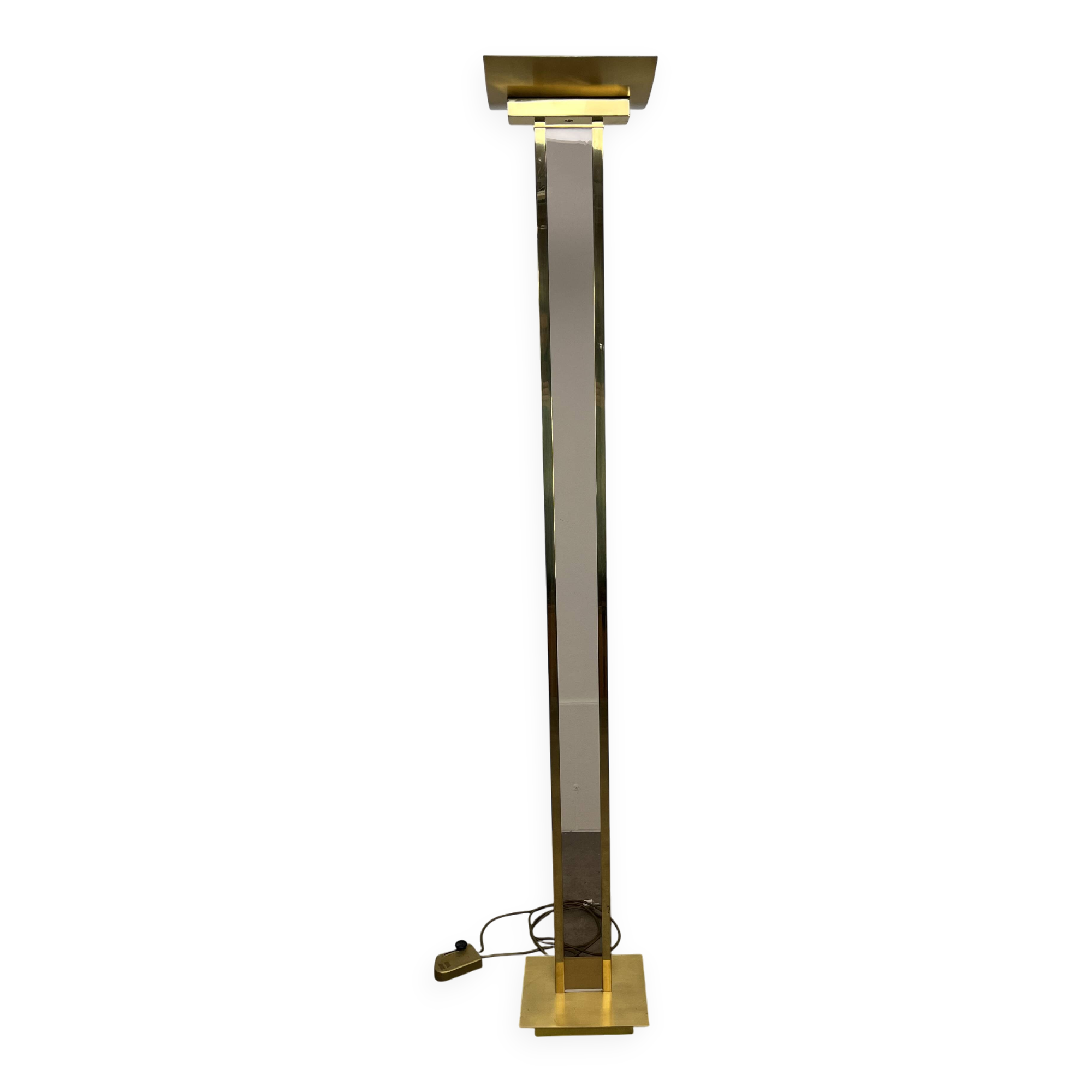 70s floor lamp in brass and smoked plexiglass, Hollywood Regency