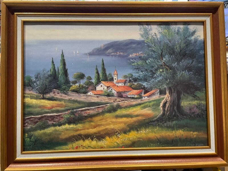 Landscape hamlet sea view - oil or acrylic on canvas , signed Ramsey