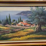 Landscape hamlet sea view - oil or acrylic on canvas , signed Ramsey
