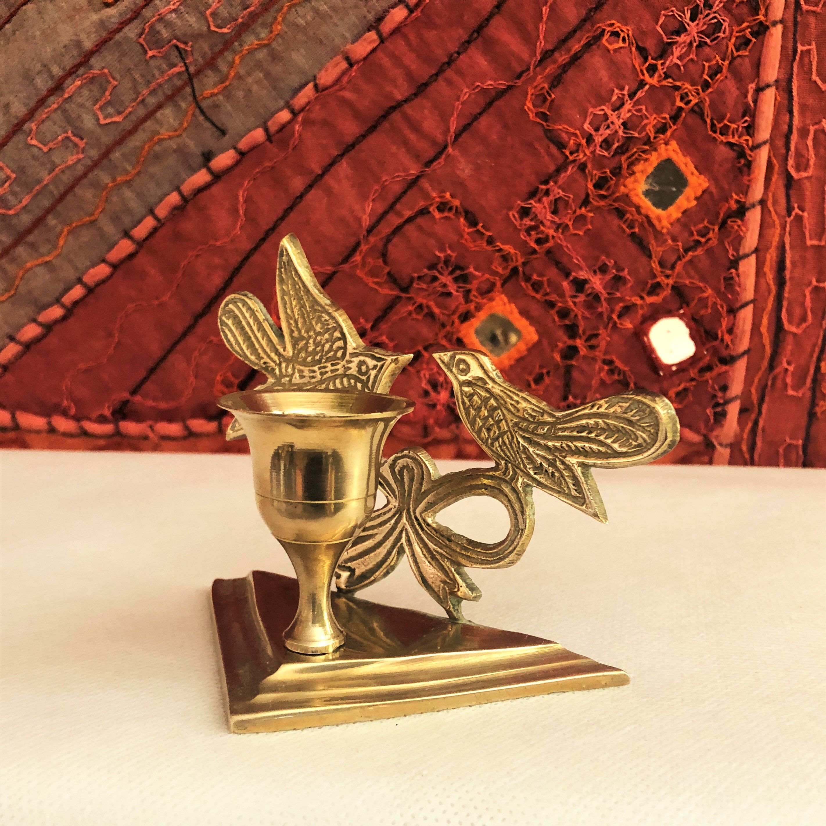 Bougeoir laiton doré décor oiseaux