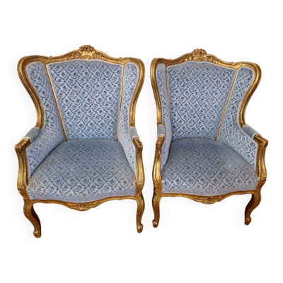 Paire De Fauteuils ''Bergère'' En Bois Doré de Style Louis XV