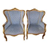 Pair of "Bergère" Armchairs in Gilded Wood in Louis XV Style