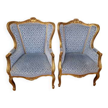 Pair of "Bergère" Armchairs in Gilded Wood in Louis XV Style