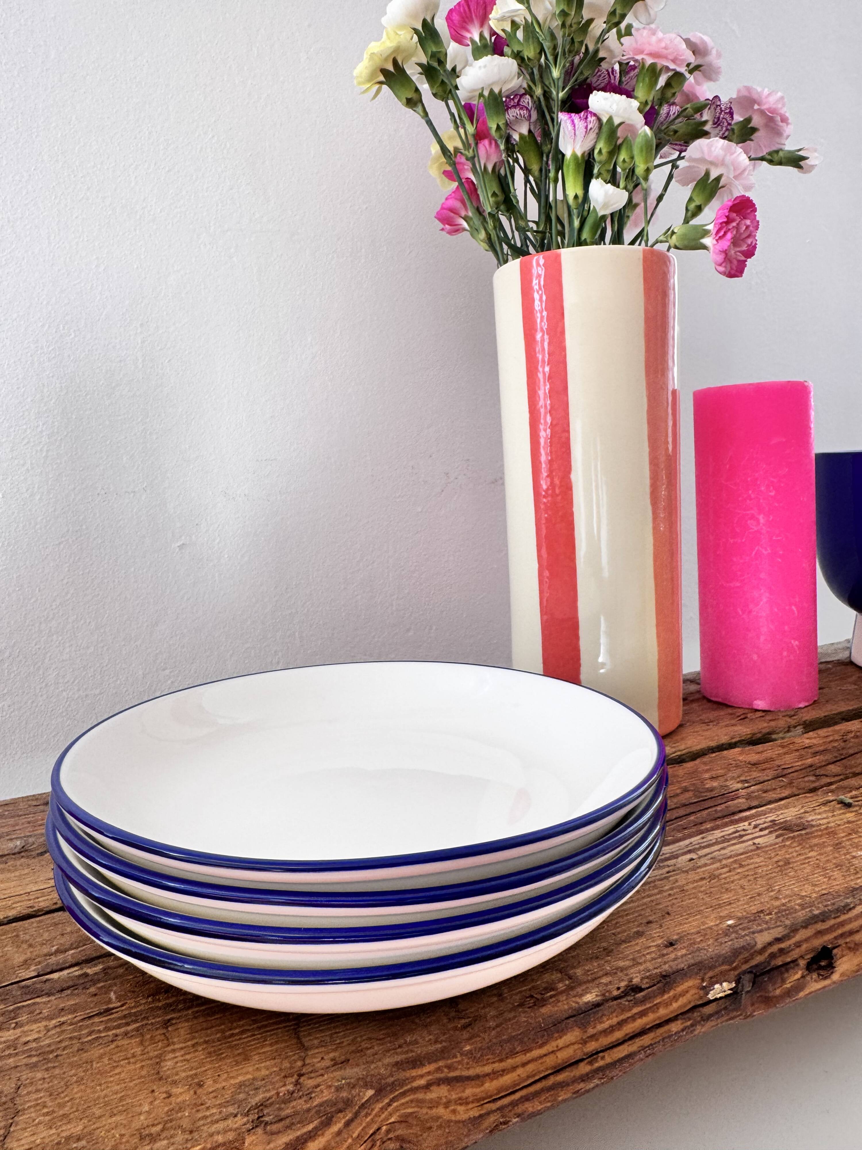 Set of 4 Deep Dessert Plates – White & Blue Rim