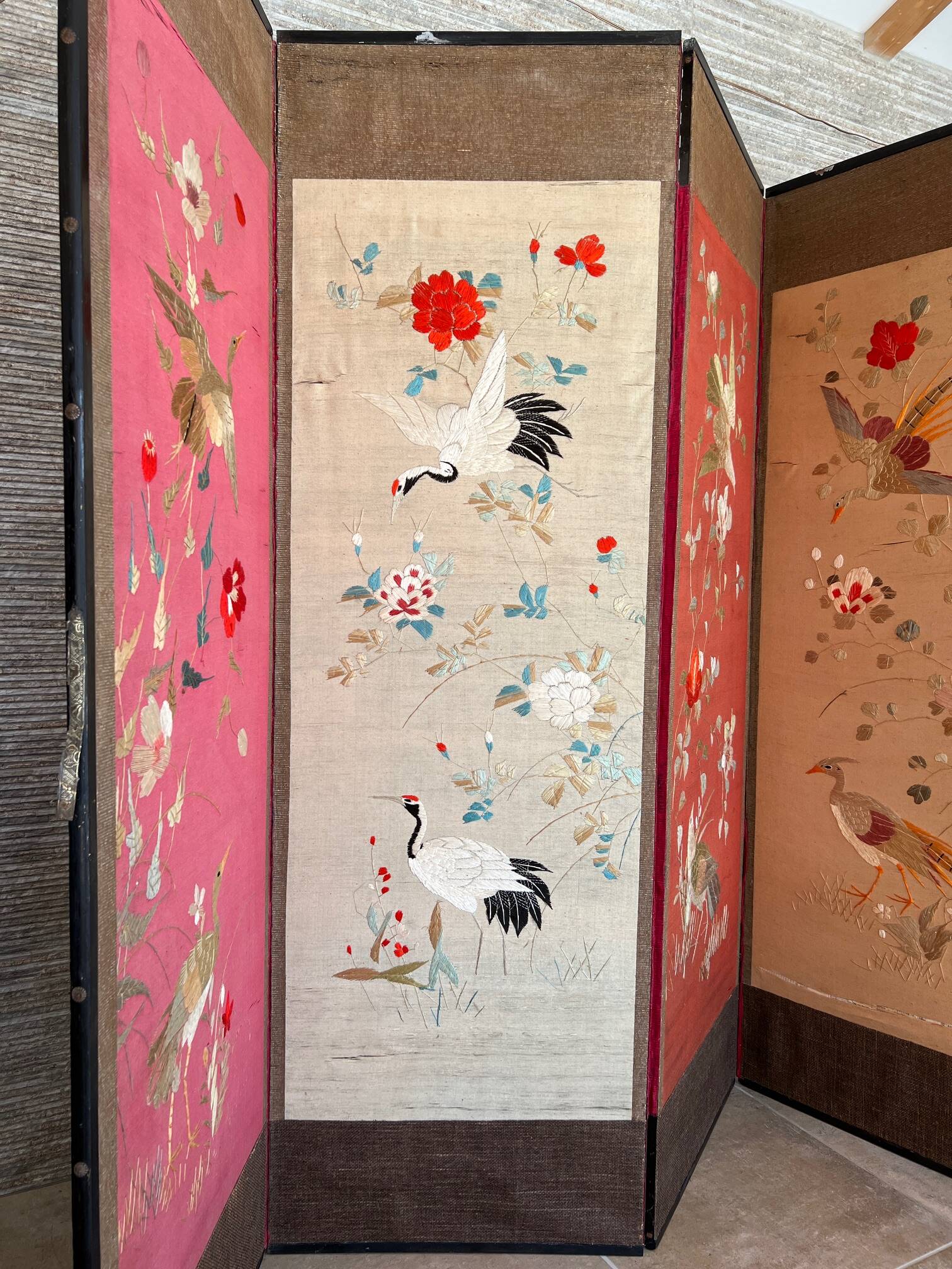 4-panel Japanese screen, 19th century, bird silk embroidery