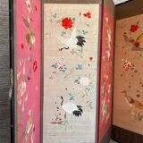 Paravent 4 panneaux japon XIXem, broderie soie oiseau