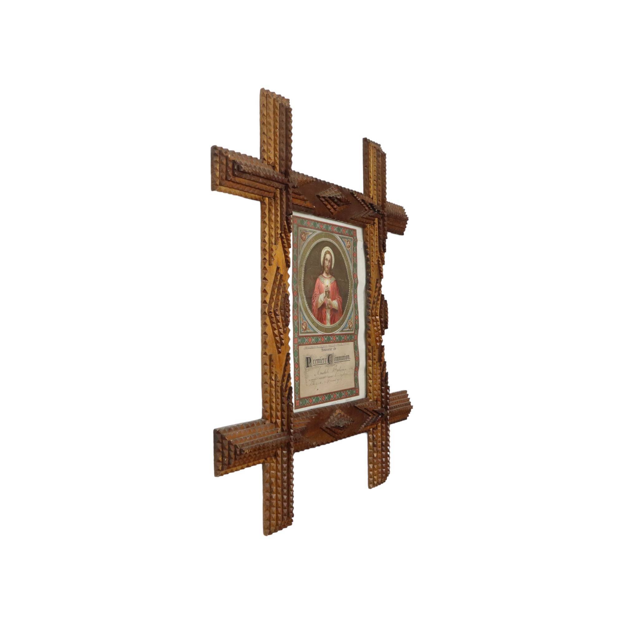 Tramp Art Frame Frame Wood Metal Studs Early 20th Century France 50cm
